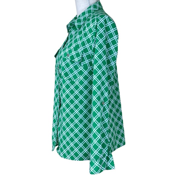 Kelly Green Diagonal Stripe Roll Tab Sleeve Button Down Top S Military Collar - Picture 3 of 8